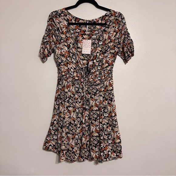 Free People Forget Me Not Mini Dress /Charcoal Floral Combo Size 6 - Picture 4 of 8